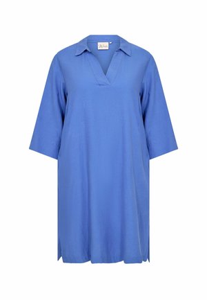 Blue tunic dress with a V-neckline, short sleeves, and side slits. Made from soft fabric, it has a straightforward, relaxed silhouette.