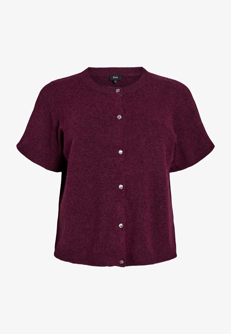 Krótki rękaw, burgundowy dzianinowy kardigan z okrągłym dekoltem i pięcioma srebrnymi guzikami z przodu, charakteryzujący się miękką fakturą i luźnym krojem.