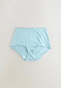 Culotte en coton bleu clair à taille haute, étalée à plat sur un fond neutre, montrant l'avant et les ouvertures pour les jambes avec des détails de couture simples.