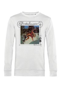 Sudadera blanca de manga larga con una escena retro de patineta impresa, acentos gráficos, ilustraciones enmarcadas y puños de canalé.