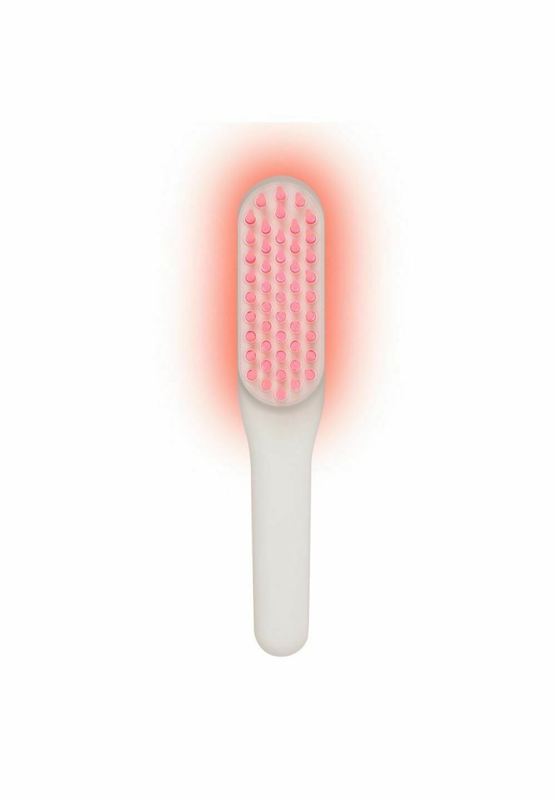 Hvid hårbørste med et rektangulært hoved, der har rosa silikonebørster, struktureret håndtag og en subtil glød omkring kanterne.