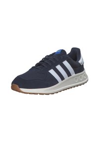 Navy blue athletic shoe with white stripes, fabric and synthetic upper, rounded toe, cushioned sole, and rubber traction outsole.