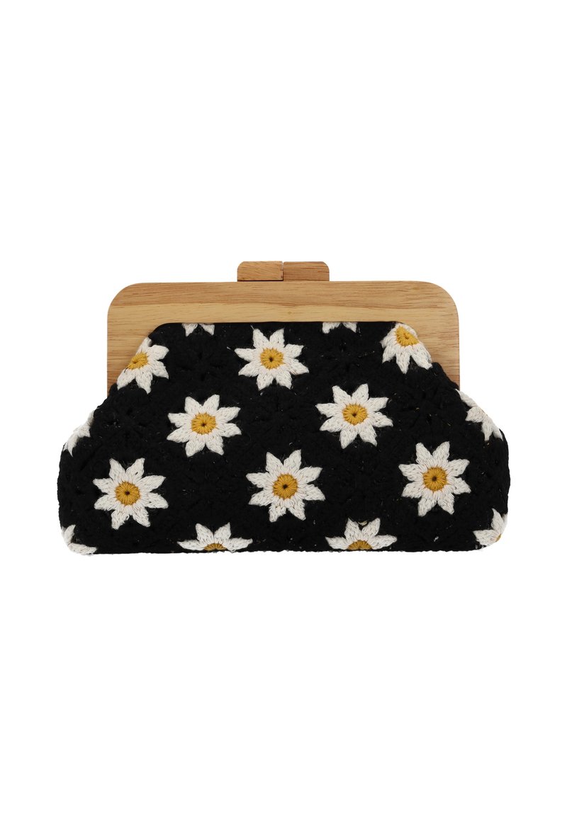 Fekete retikül virágmintával, amely fehér margarétákat és sárga közepüket ábrázolja. Fa kerettel és texturált szövettel ellátva.