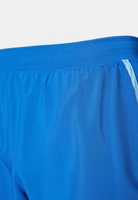 Pantalones cortos deportivos azules con una tela suave y ligera. Presenta una cinturilla elástica y un detalle de raya vertical en contraste en el costado.