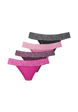 Vier Damen-Bikinislips mit Spitzenbesatz in Schwarz, Hellrosa, Dunkellila und Grellpink, in fächerförmiger Anordnung gestapelt.