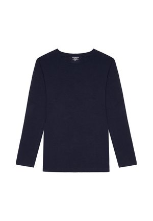 T-shirt à manches longues navy en coton doux. Il présente un col rond, un ourlet droit et des manches longues sans ornements.