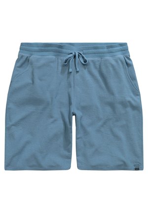 Lichtblauwe gebreide shorts met een elastische tailleband en een trekkoord. Heeft twee zijzakken en een merklabel op de onderste zoom.