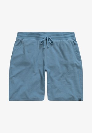 Lichtblauwe gebreide shorts met een elastische tailleband en een trekkoord. Heeft twee zijzakken en een merklabel op de onderste zoom.