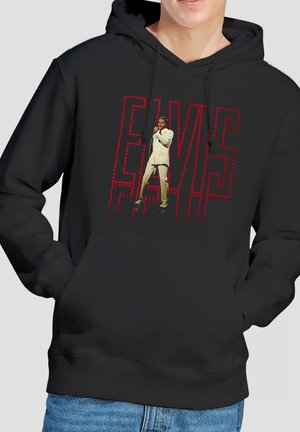 Black hoodie with a graphic of a man in a white suit singing, over large red outlined text reading "ELVIS."