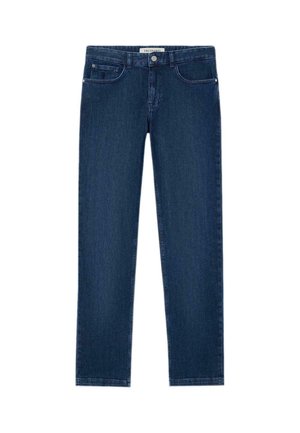 Granatowe dżinsy w prostym kroju z przednimi kieszeniami, szlufkami na pasek i zapięciem na guzik, leżące płasko na białym tle.