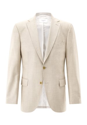 Beiger einreihiger Herrenblazer mit Revers mit Einkerbung, zwei Knöpfen, Pattentaschen und glattem Satinfutter.