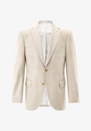 Beiger einreihiger Herrenblazer mit Revers mit Einkerbung, zwei Knöpfen, Pattentaschen und glattem Satinfutter.