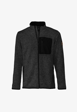 Zwarte en grijze fleece jas met een hoge kraag, een rits aan de voorkant en een zak op de linker borst. Bevat textuurstof en elastische manchetten.