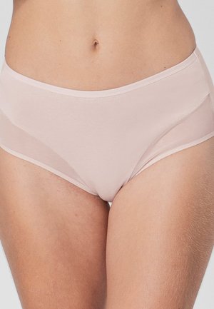 Blush roze hipsterondergoed met een gladde textuur, voorzien van transparante gaaszijpanelen en een zachte tailleband voor comfort.