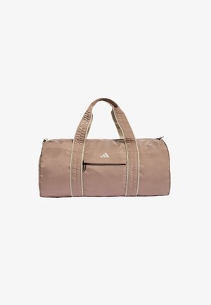 Light pink duffel bag made of smooth nylon, featuring two sturdy handles, a front zip pocket, and contrasting cream accents.