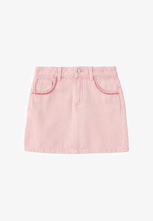 Jasnoróżowa mini spódnica z denimu z przednimi guzikami, szlufkami na pasek, dwoma przednimi kieszeniami oraz ozdobnym przeszyciem wokół kieszeni.