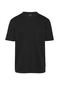 T-shirt noir à manches courtes en coton, avec un col rond et un ourlet droit. Pas de motifs ni d'accents supplémentaires.