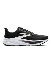 Schwarze Laufschuhe mit einem strukturierten Mesh-Obermaterial, das an den Seiten weiße Akzente aufweist, sowie einer dicken weißen Zwischensohle mit wellenförmigem Design.