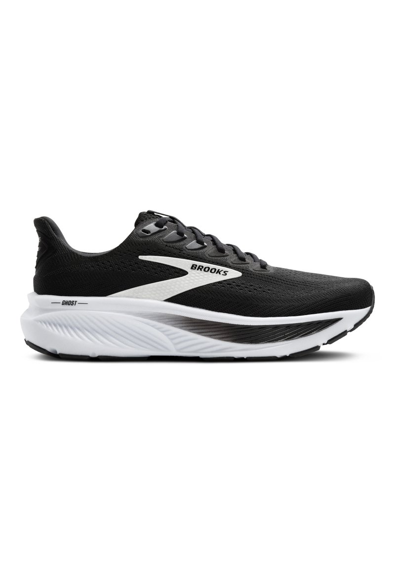 Schwarze Laufschuhe mit einem strukturierten Mesh-Obermaterial, das an den Seiten weiße Akzente aufweist, sowie einer dicken weißen Zwischensohle mit wellenförmigem Design.