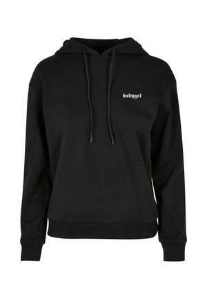 Sweat-shirt à capuche noir avec cordons, présentant un petit logo blanc sur la poitrine. Fabriqué à partir d'un tissu doux avec des poignets et un ourlet côtelés.