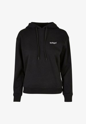 Felpa nera con cappuccio e cordini, caratterizzata da un piccolo logo bianco sul petto. Realizzata in tessuto morbido con polsini e orlo a coste.