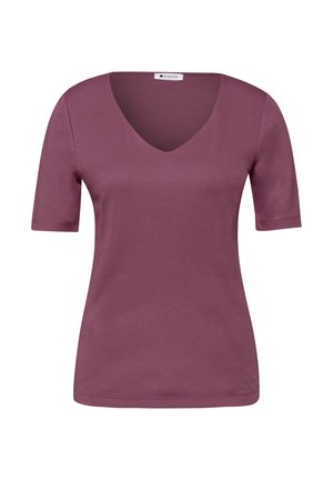 Dames T-shirt van katoen met korte mouwen en V-hals in stoffig paars, getailleerde stijl met naadloze zoom en label aan de binnenkant van de kraag.