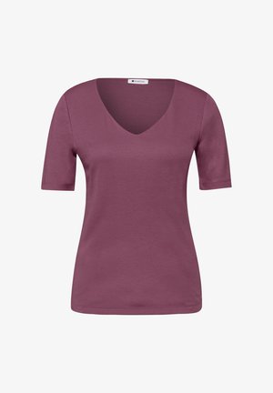 Lyhythihainen naisten V-kaula-aukkoinen puuvillat-paita pölyisen violetin sävyissä, istuva malli saumattomalla helma- ja kauluksen sisäpinnan nimilapulla.