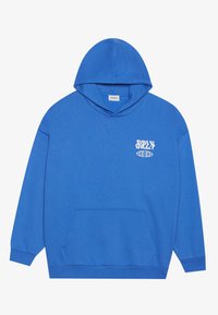 Felpa blu in cotone, con tasca frontale e cappuccio regolabile. Presenta una scritta grafica bianca e un design del globo nella parte sinistra del petto.