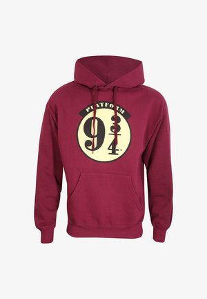 Maroon hoodie with a large circular design featuring "Platform 9¾" in black and cream colors, drawstrings, and a front pocket.