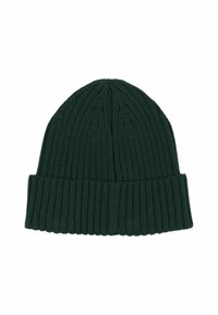 Bonnet en maille vert foncé avec une texture côtelée et un revers replié. Le matériau semble doux et est conçu pour offrir chaleur et confort.