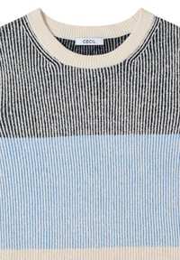 Pull rayé multicolore avec un col rond. Présente des rayures horizontales noires, crème, bleu clair et beige avec une texture côtelée.