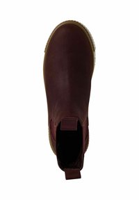 Burgundy leather chelsea boot with elastic side panels, rounded toe, and a textured rubber sole. Pull tab at the back for easy wear.