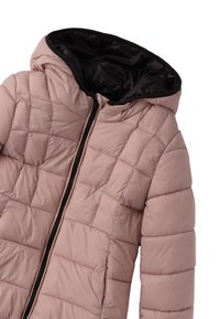 Giacca imbottita rosa chiaro con cappuccio e interno neri. Caratterizzata da una texture trapuntata, chiusura frontale con zip e tasche laterali.