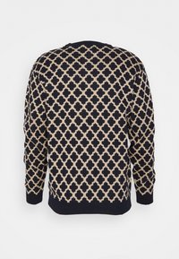 Maglione lavorato a maglia con motivo geometrico blu navy e beige, scollo rotondo e polsini a costine, realizzato in tessuto morbido.