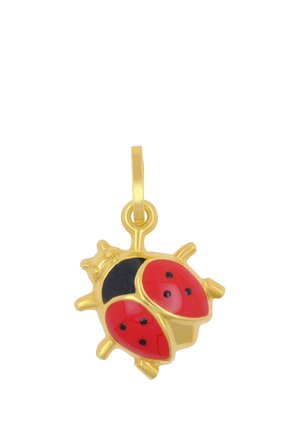Goldener Anhänger in Form eines Marienkäfers mit roten und schwarzen emaillierten Flügeln und einer Schlaufe zum Befestigen an einer Halskette oder einem Armband.