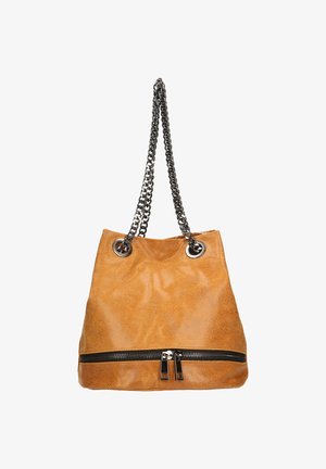Tote bag in textured tan leather with a drawstring closure. Features silver-tone hardware, dual chain straps, and a zippered compartment.