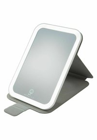 Rechteckiger Tisch-Make-up-Spiegel mit LED-Lichtumrandung und grauem klappbarem Ständer, mit der Marke "StylPro" in der Mitte unten.