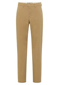 Khaki chinos dalam campuran kapas lembut dengan desain kaki lurus, dilengkapi penutup tombol depan dan kantong standar.