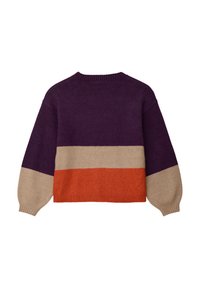 Pull en tricot à rayures verticales en violet, beige et orange. Col rond et poignets côtelés avec une coupe décontractée.