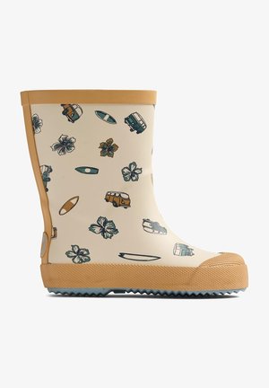 Rubber rain boot in cream with yellow accents, featuring a pattern of green surfboards, flowers, and vintage vans. Textured sole for grip.