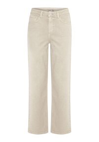 Jeans beige a gamba larga realizzati in morbido tessuto misto cotone con una leggera texture. Presentano tasche anteriori e chiusura con bottone classico.