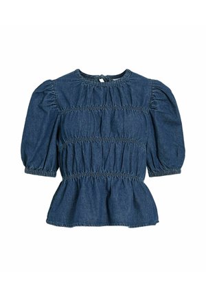 Denim blūze ar klasisku apaļu kaklu, īsām pūkām un elastīgu smokošanu jostasvietā un piedurknēs, ar pepluma apakšmalu.