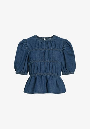 Denimblus med klassisk rund hals, korta puffärm, och elastisk smock vid midjan och ärmarna, med en peplumslut.