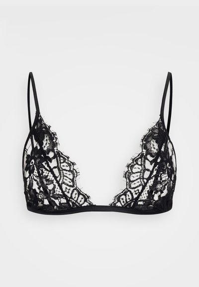 Bralette de encaje negro con un diseño triangular, que presenta intrincados patrones florales, tirantes ajustables y una banda inferior suave.