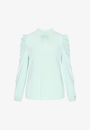 Miętowo-zielona bluzka z wysokim kołnierzem, plisowanymi detalami i bufkami na rękawach. Wykonana z miękkiej tkaniny z marszczonymi mankietami i gładką fakturą.