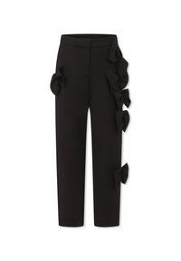 Zwarte broek met meerdere stoffen strikjes langs de zijnaad, getailleerde pasvorm, gladde textuur en cropped lengte.