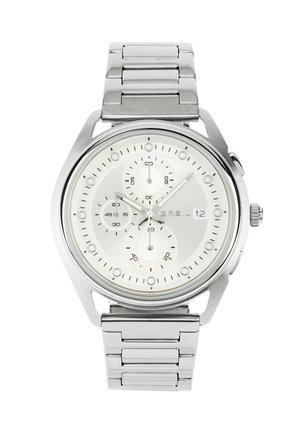 Orologio in acciaio inossidabile argentato con quadrante rotondo, faccia bianca, tre sottodial e numeri. Presenta un bracciale a maglie metalliche e un display della data.