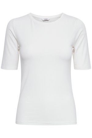 T-shirt ajusté blanc à manches courtes avec col rond, texture lisse et sans motifs ni logos visibles.