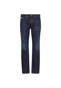 Σκούρο μπλε τζιν με ίσια γραμμή, διακριτική ξεθώριαση, πέντε τσέπες και κλασικό κούμπωμα με κουμπί στη μέση.