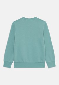 Sweatshirt turquoise à col rond, avec des poignets et une taille côtelés. Fabriqué à partir d'un matériau doux, avec une texture lisse et un design simple.
